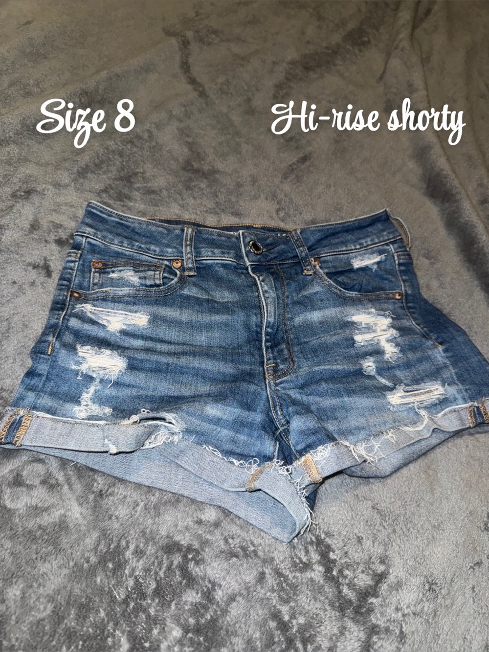 Hi-Rise Distressed Denim Shorts - Blue